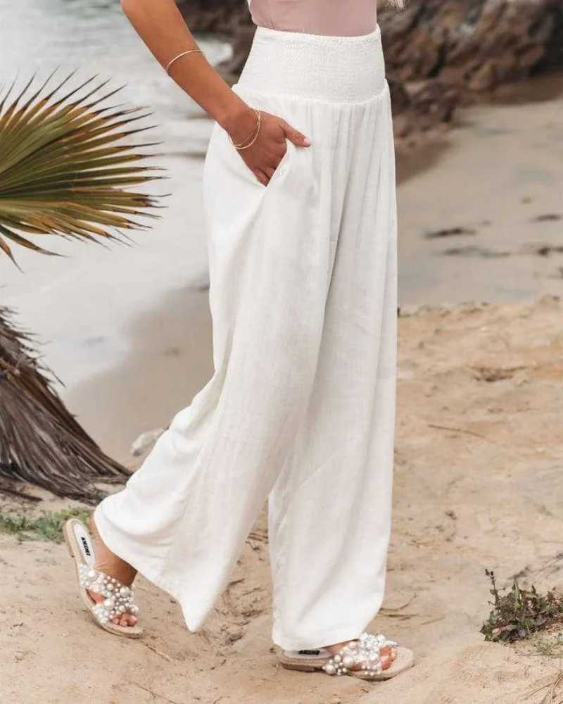 Ele Retro Solid Luggage Pants Womens Loose Elastic High Waist Pocket Retro Linen Wide Leg Pants Street Clothing Office PantsXJ250403