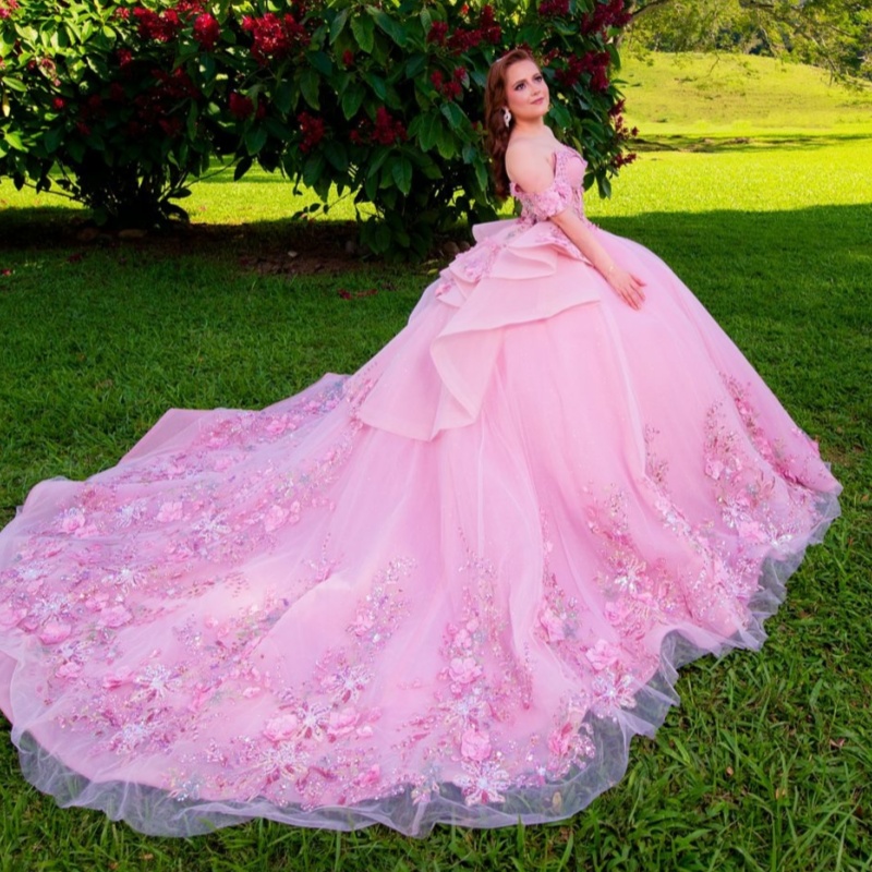 Pink Quinceanera Dresses Off Shoulder Ball Gown Sweet 16 Dress Sequin Applique Flower Beads Tull Birthday Party Vestidos 15 De Anos