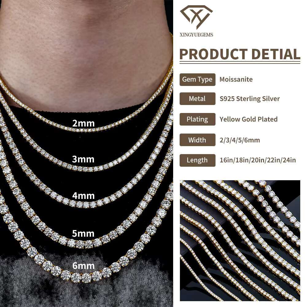 Hot-sale Unisex Hiphop Trendy Jewelry Gold Plated 925 Sterling Silver Vvs Mossanite Lab Diamond Tennis Chain Necklace