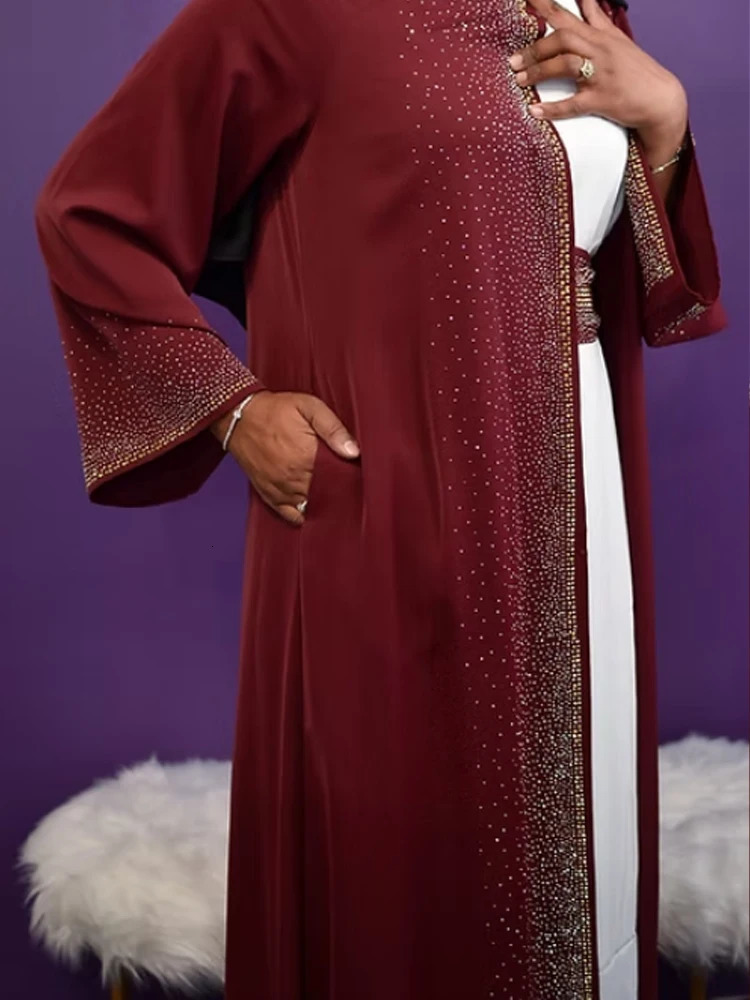 selling Ramadan Rhinestone Open Fleece Islamic Dress with Pocket Ka Muslim Kimono Abaya Dubai Humble Clothing Womens EID 250409