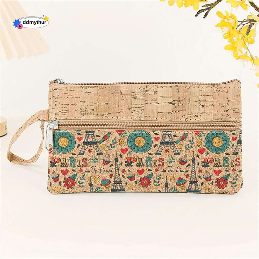 New Retro Cork Print Women Coin Purse Portable Cell Phone Pouch Mini Wallet Double Layer Zipper Key Money Vintage Clutch Bag ddmythur