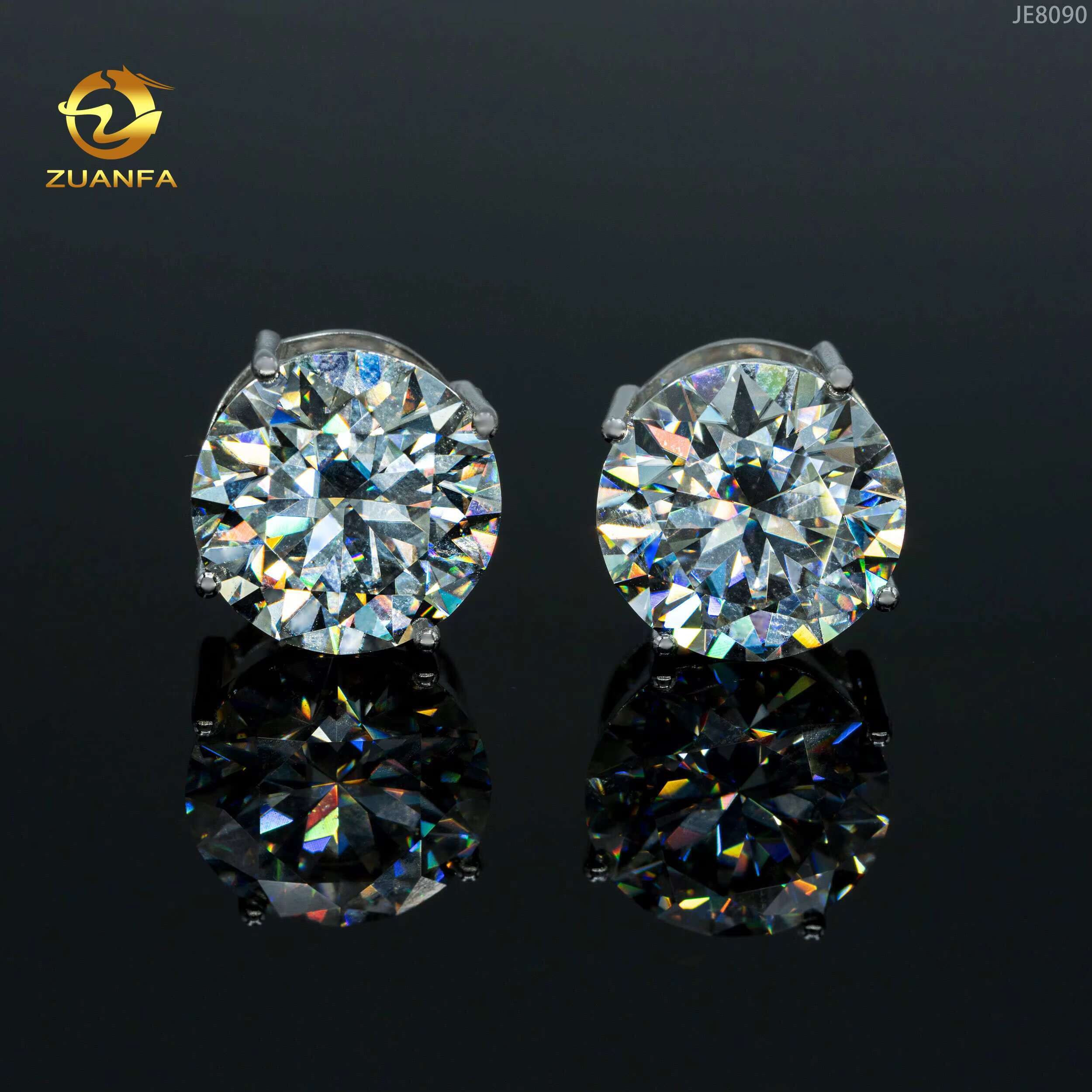 Zuanfa Fashion Moissanite Jewelry Big Size Stud Earrings 8mm 10mm 15mm 4 Claws Screw Back Round Moissanite Earrings 925 Silver