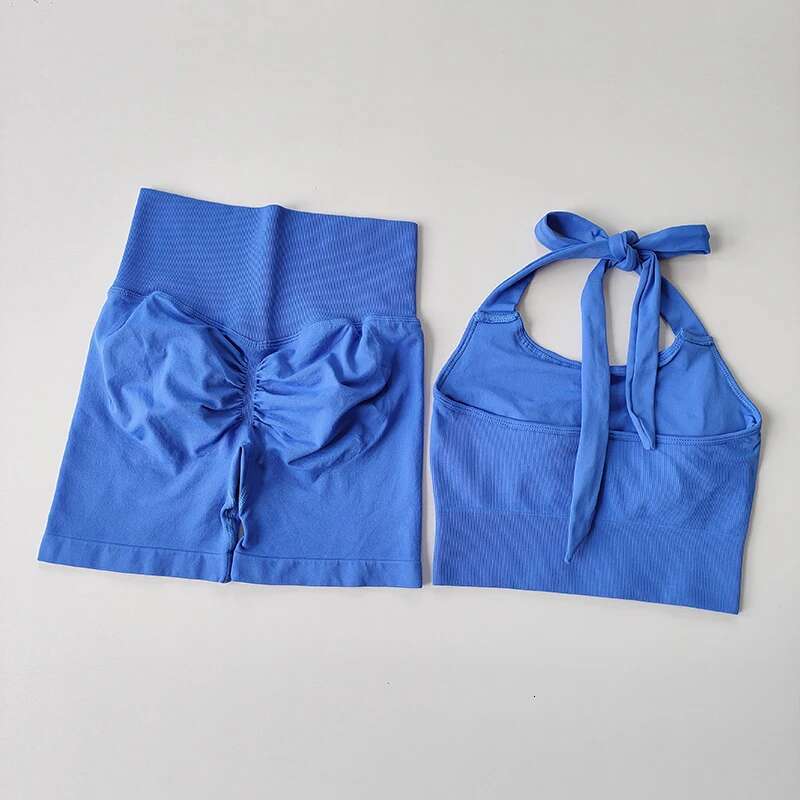 Peach Hip Lifting Neck Hanging Sports Shockproof Gathering Bra Quick Drying Short Set Gym Fiess Running Yoga Suit