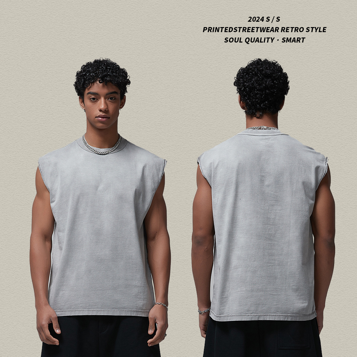 2025 summer spray painted washed fitness camisole men's pure cotton loose edged distressed sleeveless short sleeved T-shirt