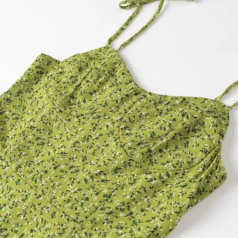 Wxw4840 vintage green printed Aline dress for women ultrathin high waist short pleated mini strapless spaghetti strap sexy 250409