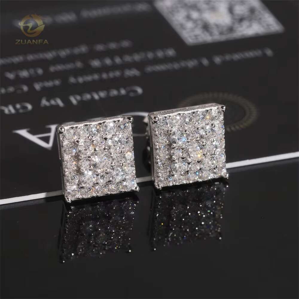 Iced Out Fashion Square Stud Moissanite Diamond Hip Hop 925 Sterling Silver Jewellery Earrings