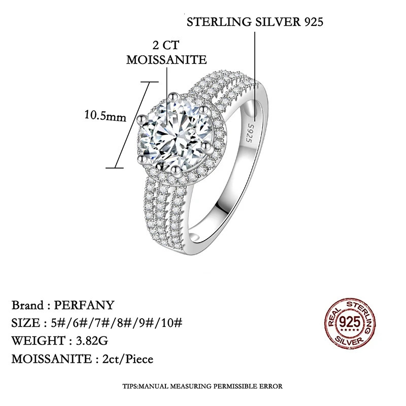 PERFANY 2/3CT Womens Ring S925 Pure Silver Plated 18K White Gold Diamond Wedding Ring Wedding Jewelry 250325