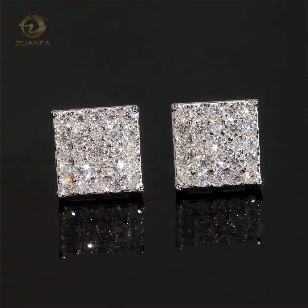 Iced Out Fashion Square Stud Moissanite Diamond Hip Hop 925 Sterling Silver Jewellery Earrings