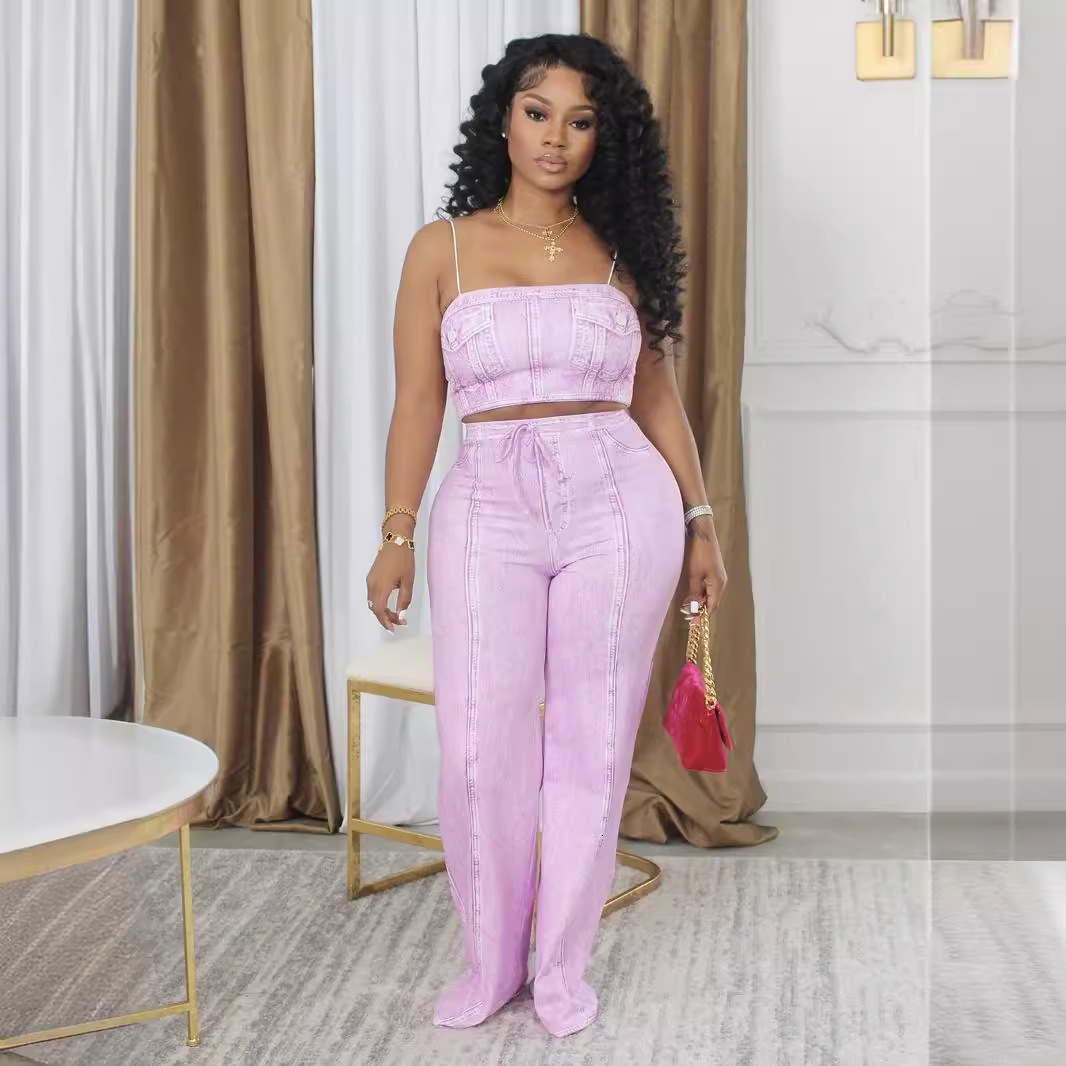 2025S Designer Women S Set Summer New INS Sexy And Versatile Tight Solid Color Cowboy Open Umbilical Back Tank Top Pants Set