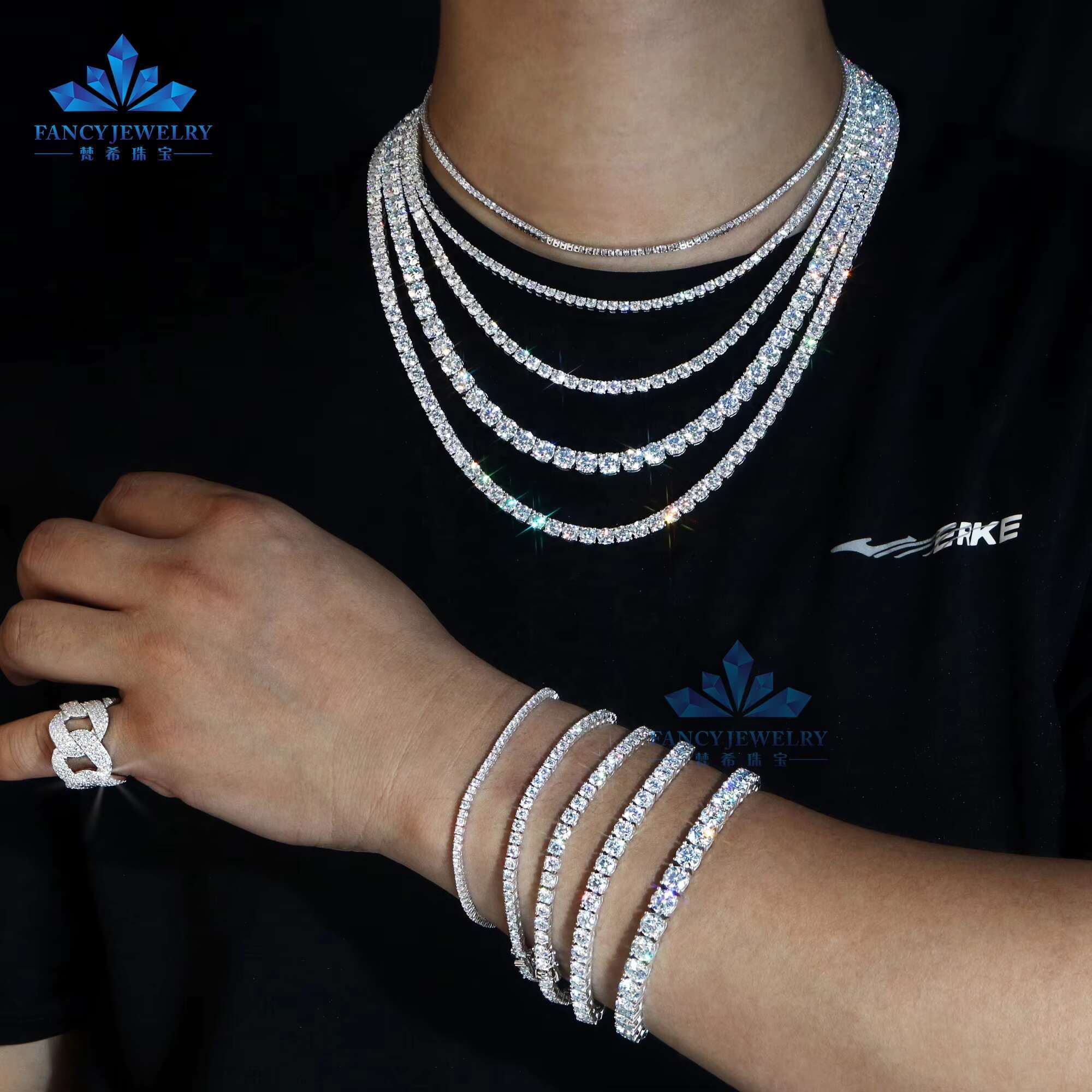 Wholesale Price Hip Hop Style 925 Sterling Silver Moissanite Tennis Chain VVS Diamond Necklace with 2mm 3mm 4mm 5mm 6.5mm Sizes