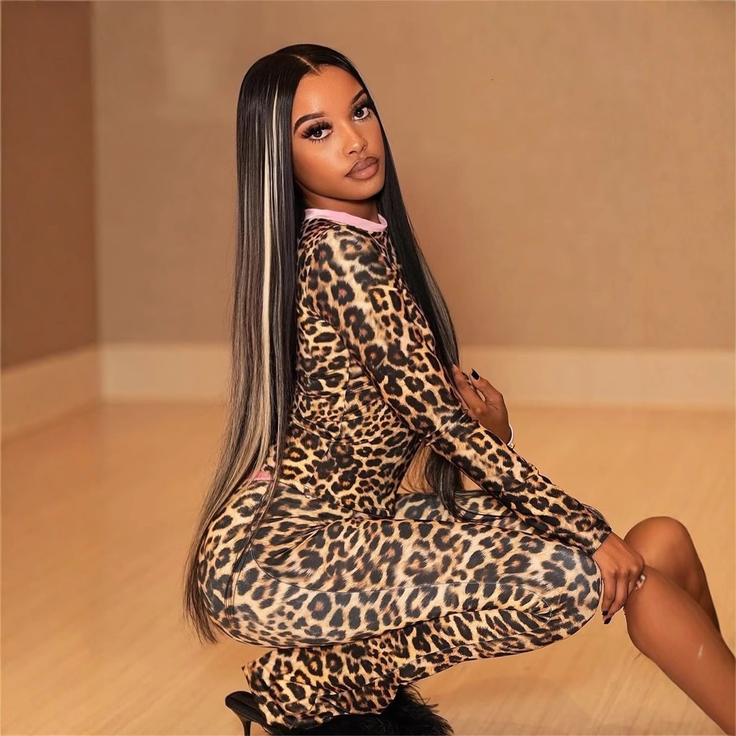 2025S Designer Women S Set Fashion Color Contrast New Printed Leopard Pattern Slim Fit Sexy Long Sleeve Top Pants Set