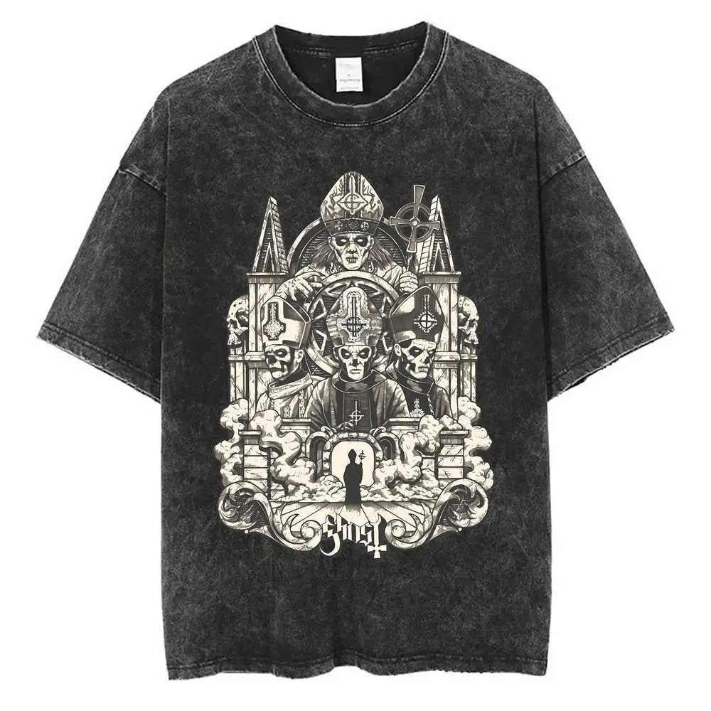 Ghost Band Graphic T-shirt Wash Retro Skeleton Rock Oversized Printed T-shirt Mens 90s Classic Gothic Punk Metal T-shirtXJ250409