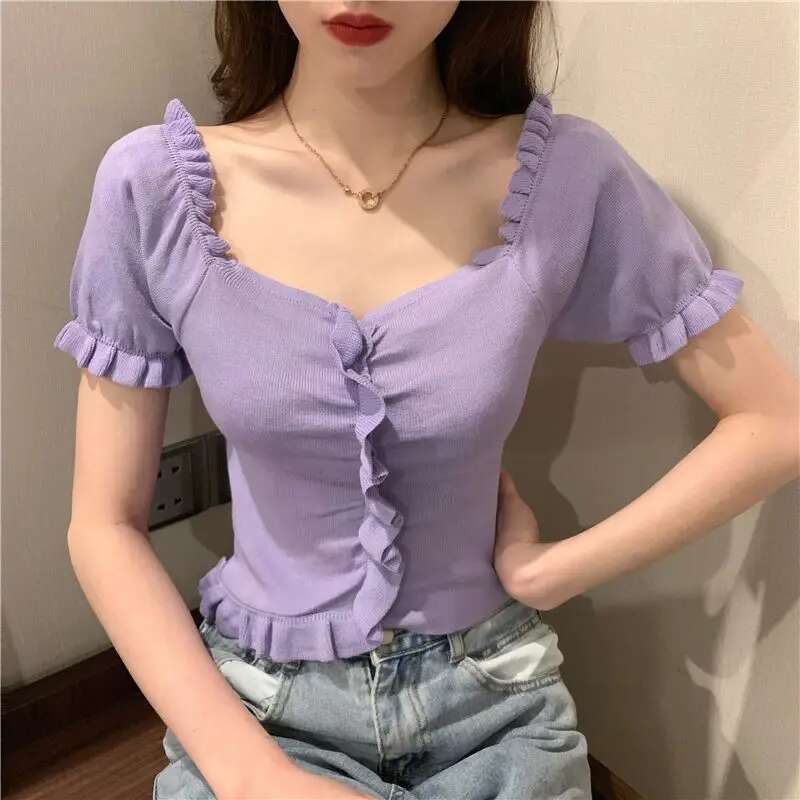 New Summer Sweater Ice Silk Puff Black Ears V-neck T-shirt for Women Slim Sleeves Short Top