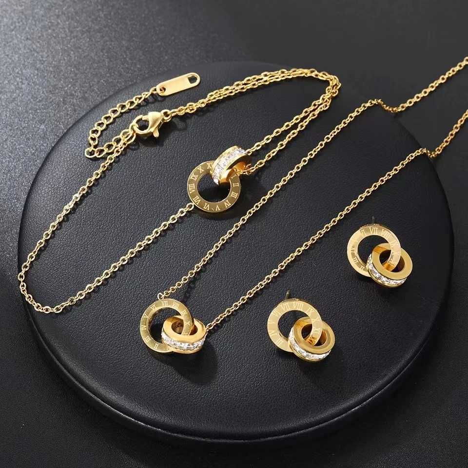 3 fashionable Roman numeral double ring pendant necklaces bracelets small earrings and jewelry sets suitable for womens daily Korean style wear Y25040