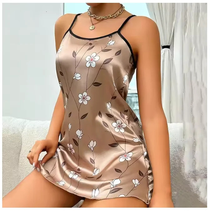 Womens sexy suspender night dress womens lingerie silk satin pajamas floral flat mini 250409