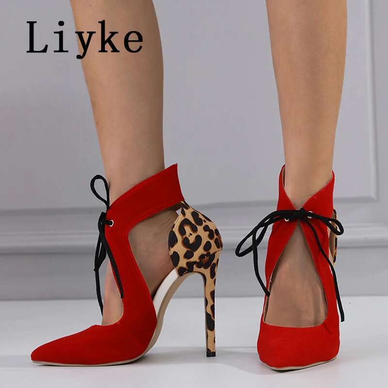 Liyke 2025 New Sexy Red Pointed Toe Lace Up High Heels Women Sgback Sandals Summer Party Prom Shoes Leopard Print Pumps Mule