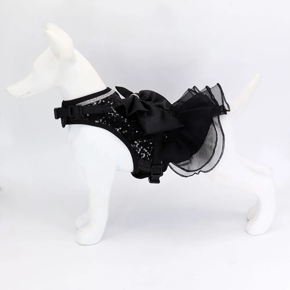 Pink cat dress puppy cat summer dress cute bow sparkling rhinestone accessories nylon pet vest seat belt and belt 250409