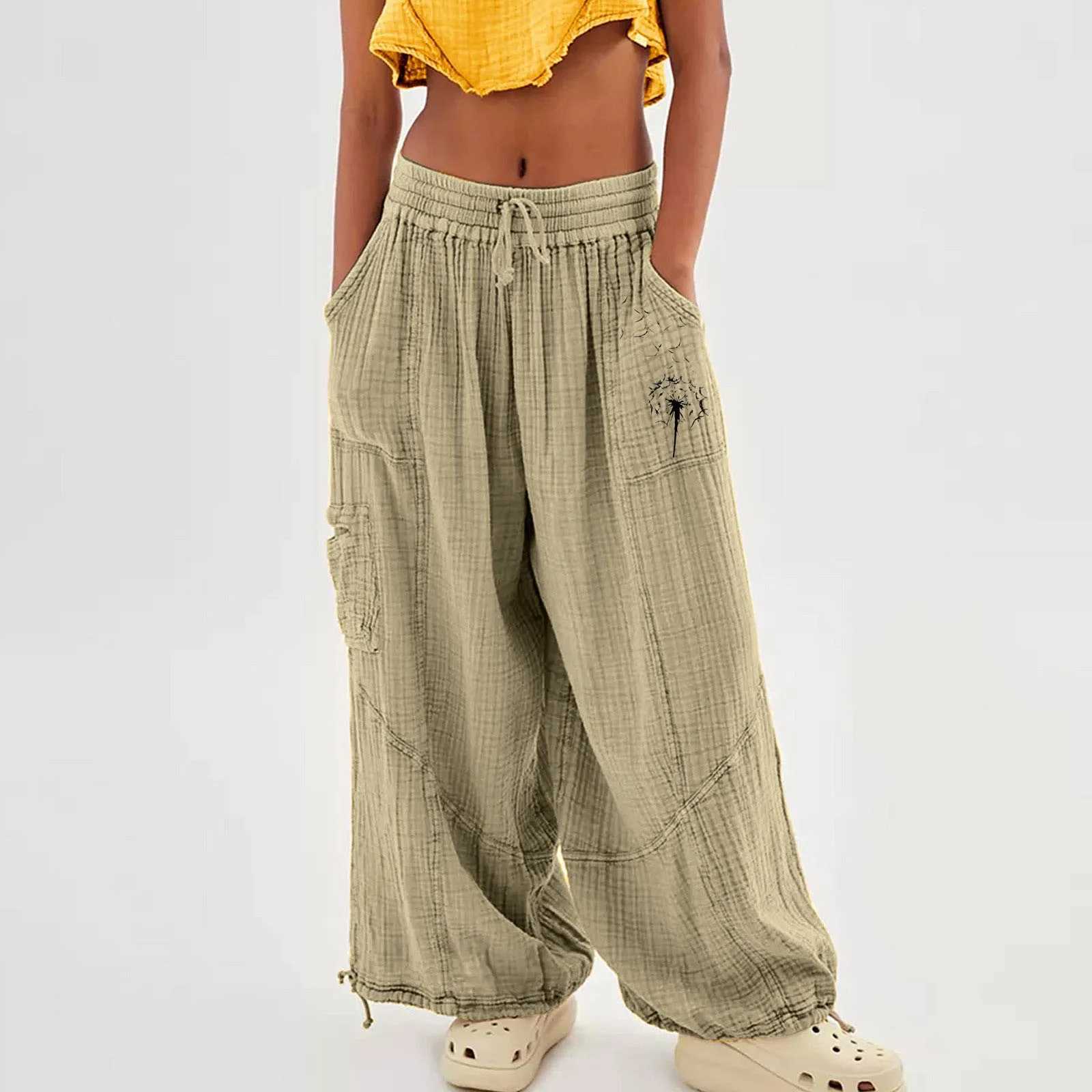 Womens wide leg sports pants elastic harem pants orange gray bottom high waisted Drstring Palazzo loose sports pantsXJ250403