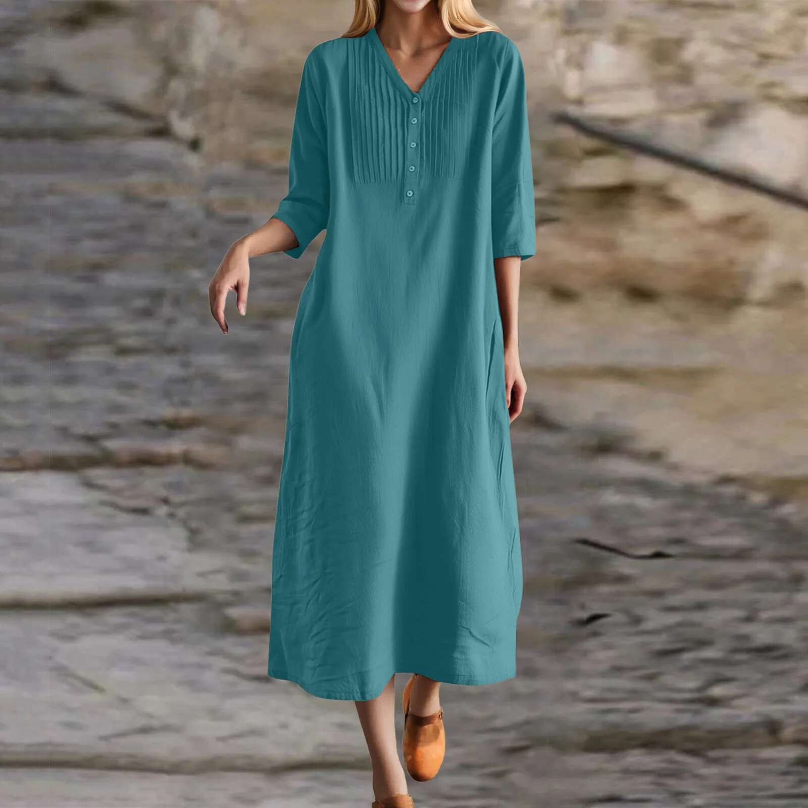 Dongdumaoyi Summer Dress Elegant Women O Neck Half Sleeve Midi Sundress Fashion Butttons Up Pleated Party Work Vestidos Kaftan