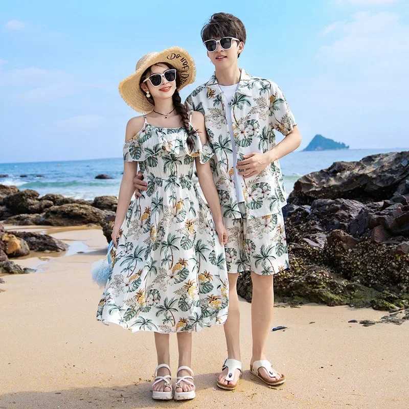 Vacation Appearance Couple Matching Clothing Family Clothing Mother and Daughter Resort Hotel Dress Father Beach Shirt Two Piece Set S2548