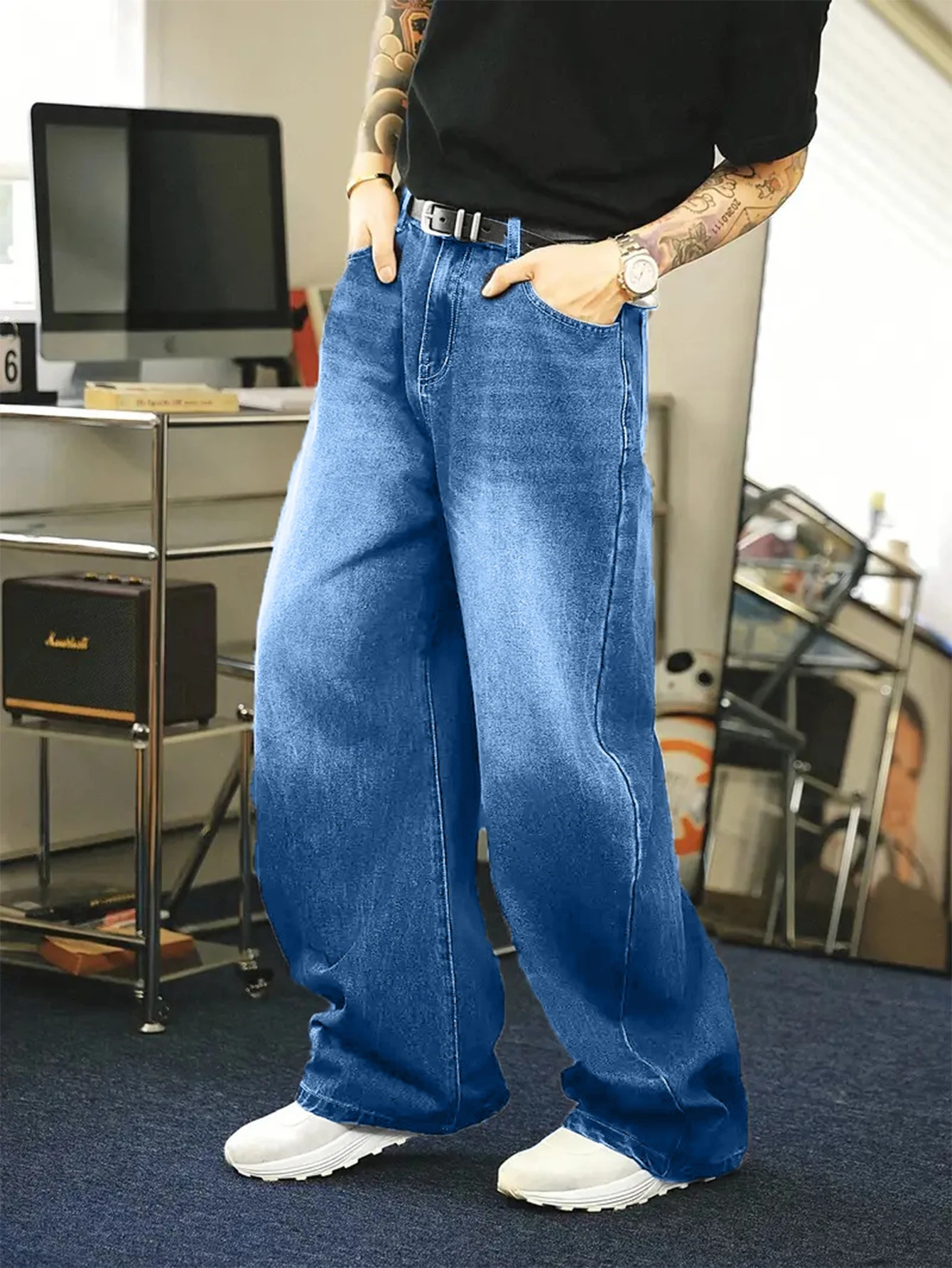 1Pc mens daily travel casual American street loose jeans black light blue sea blue fashion street style retro lantern jeans denim pants 250408