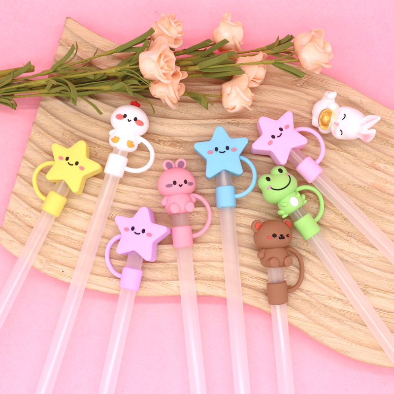Silicone Straw Cover Cap 10mm Dust-Proof Drinking Straw Tips Lids Cover Multi-Design Cartoon for Stanley Cups Accessories
