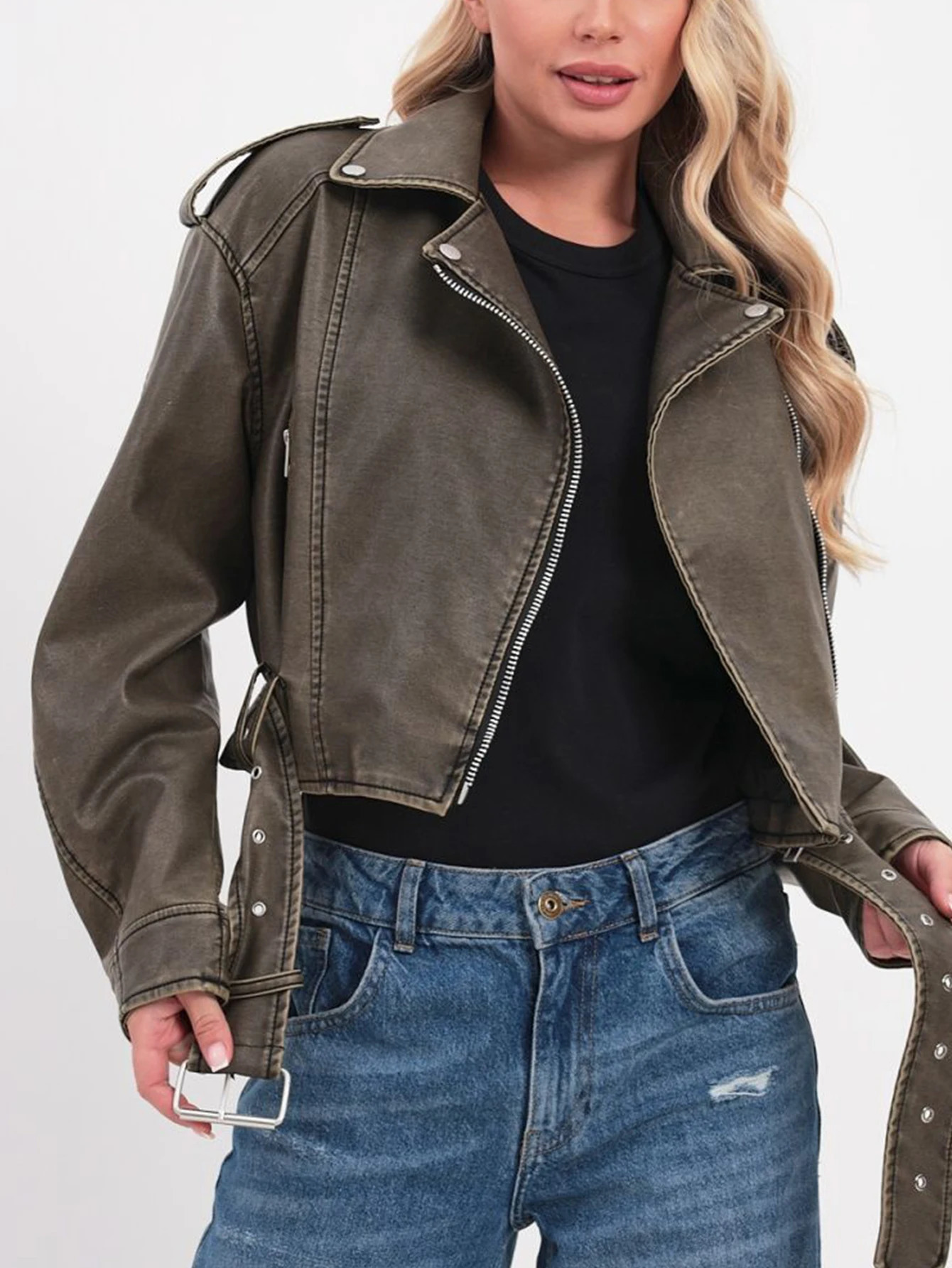 Womens synthetic leather short sleeved jacket retro womens belt zipper motorcycle 250409