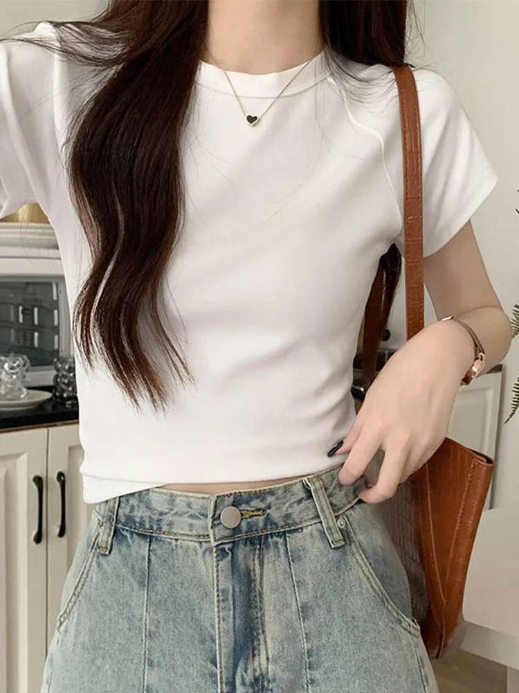 2024 Sexy O Neck Slim T Shirt Women Cotton Elastic Basic Solid Female Casual Korean Tops Short Sleeve Thin T-shirts