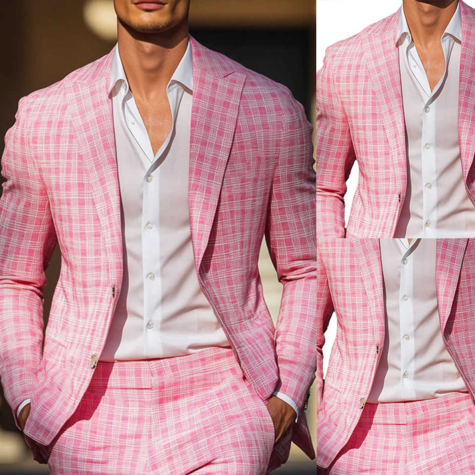 Summer Pink Plaid Mens Tuxedos Peaked Lapel Formal Party Birthday Groom Wear Customized Cosplay Outfits 2 Pieces