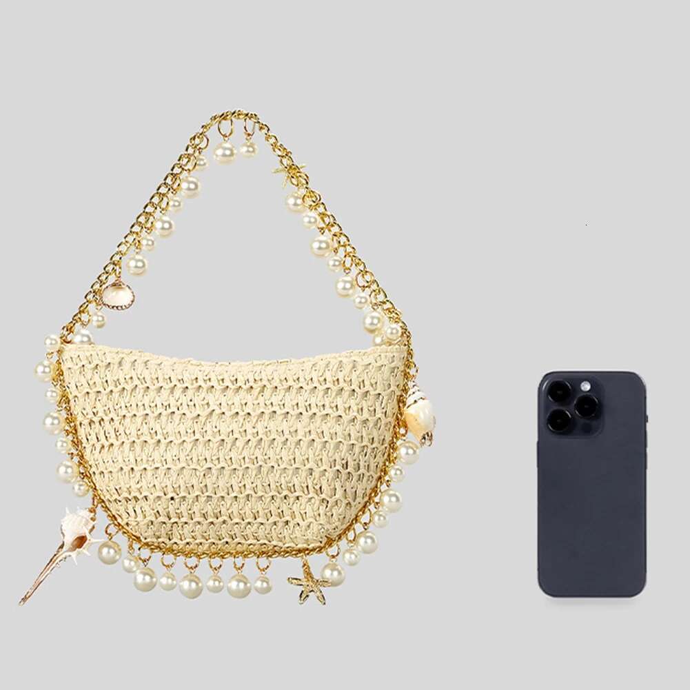 Women Pearl Clutch Wrist Handbags Large Capacity Simple Evening Straw Shoulder Handbag Outdoor Travel Bag