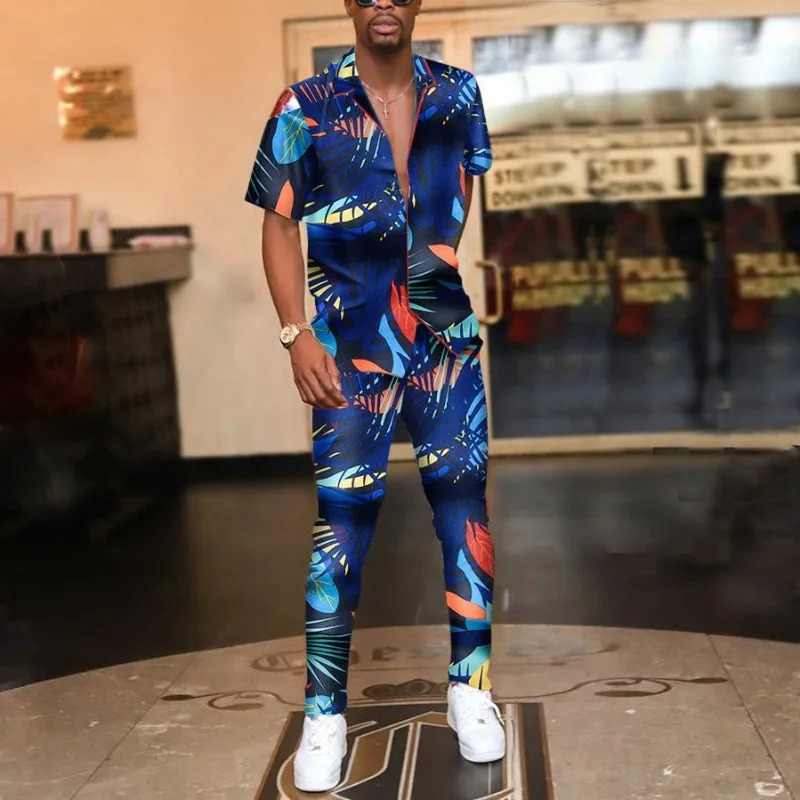 2025 European and American suits summer printed short sleeves t casual pants foreign trade mens suits mens shirts 250408 - view 7