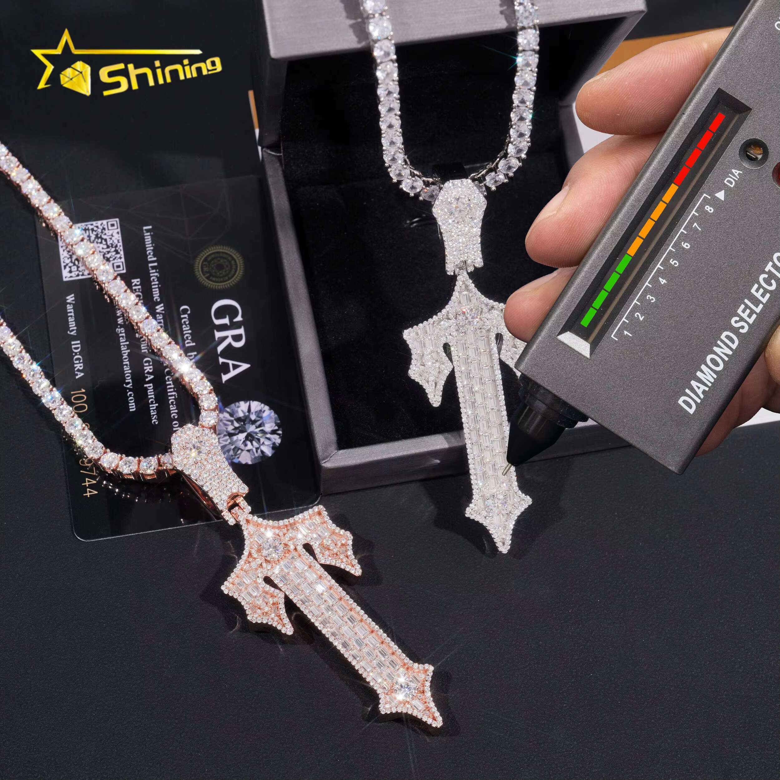 New Design 925 Sterling Sliver Gold Plated Pass Diamond Tester 2.5 Inches VVS Moissanite Iced Out Custom Cross Pendant Necklace