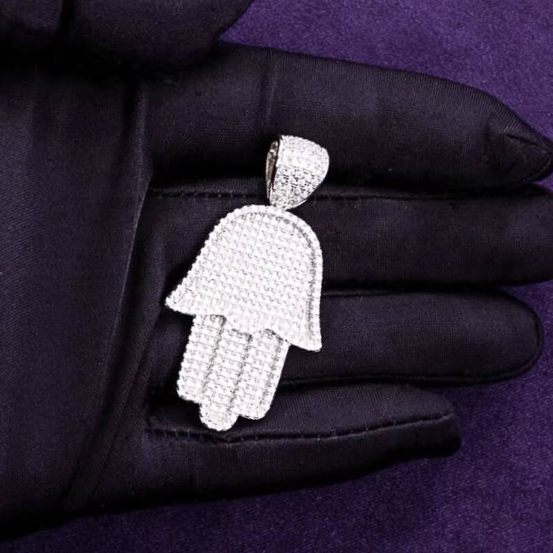 Hip Hop VVS Moissanite Iced Out Mens Lucky Fatima Hamsa Hand Cluster Pendant With 925 Sterling Silver Pass Diamond Tester