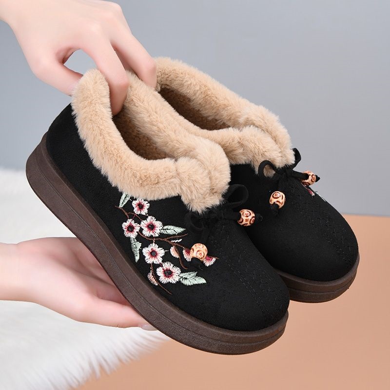 Winter Fleece-Lined Thickened Warm Mid-Senior Mother Shoes Old-Style Cloth Shoes for Women Cotton Boots Flat-Soled Non-Slip Grandma Cotton B