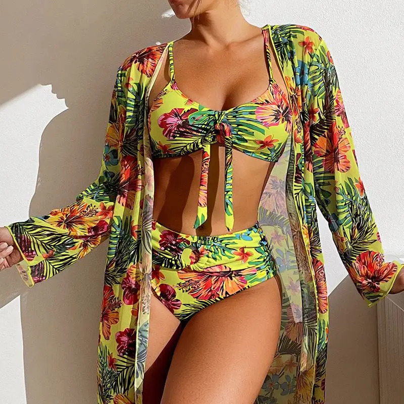 Size S3XL bikini three piece floral print swimsuit womens set mesh long sleeved shirt bra top with pad 250409