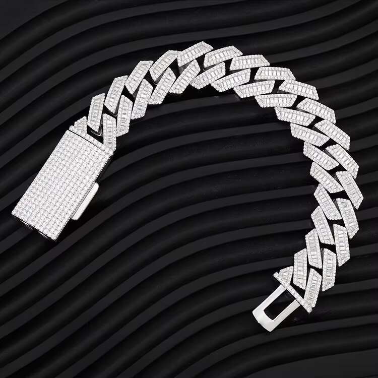Hip Hop Baguette Cuban Chain Fine Jewelry 15mm 18mm 20mm 925 Solid Silver VVS Baguette Moissanite Cuban Link Chain Necklace