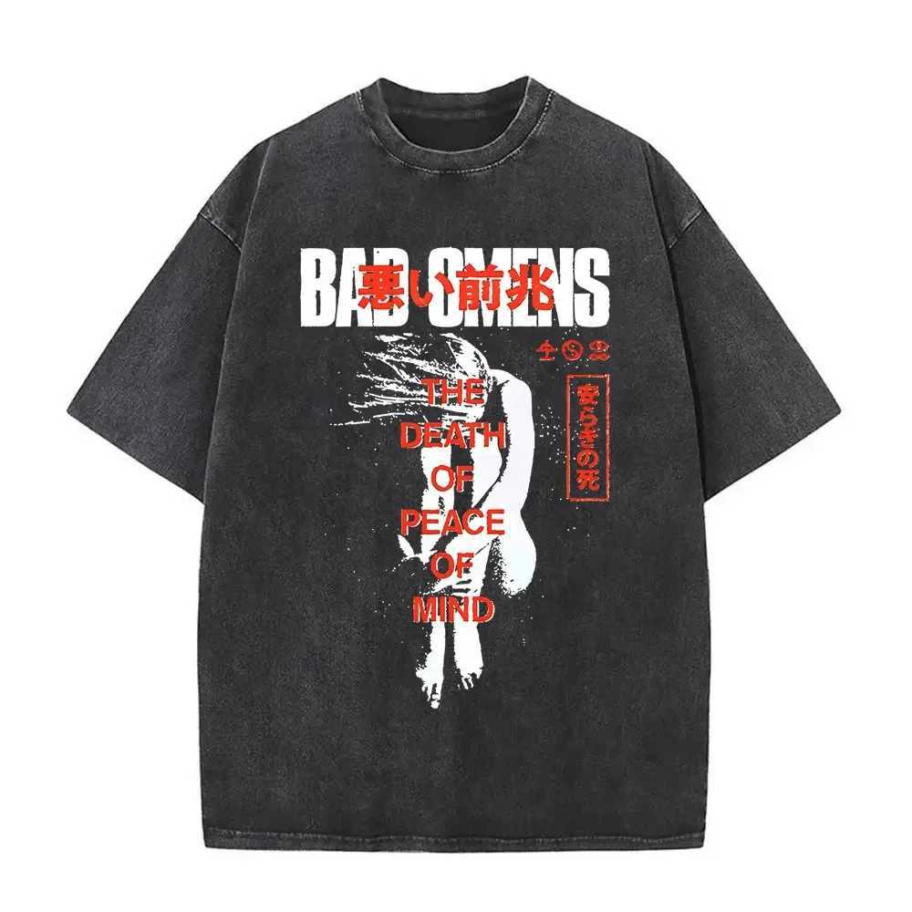 Washed Vintage Bad Omens Print T-shirt Funny Moth Graphic T-shirt Mens Fashion Hip Hop Street Clothing Short Sleeve T-shirt MensXJ250409