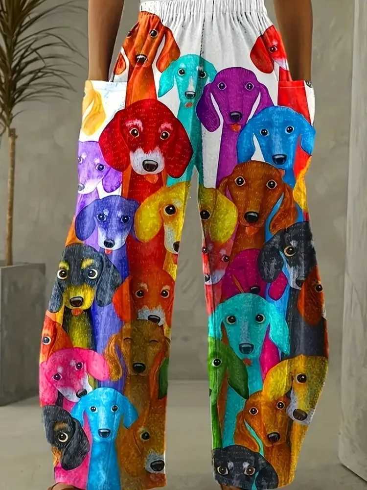 Cartoon and interesting cat colored 3D printed womens double-sided pocket pants city street fashion womens Bloomer casual loose long styleXJ250403