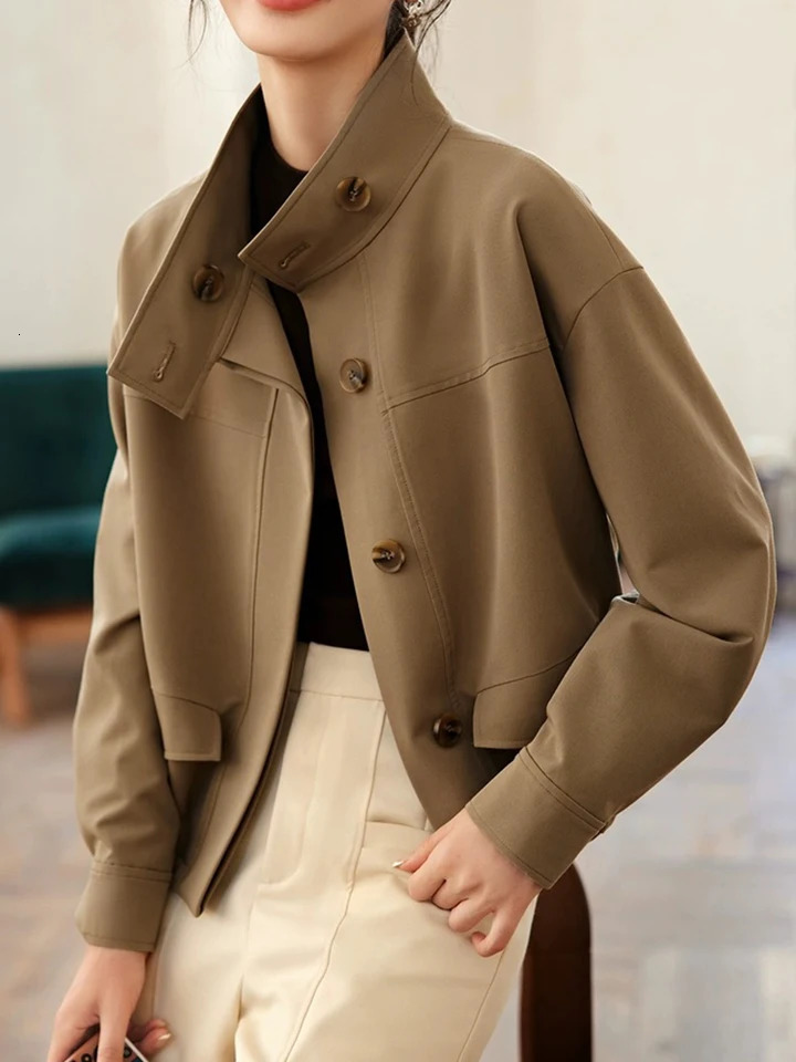 SXXL Camel Frame Collar Jacket Womens Autumn and Winter Casual Long Sleeve Baseball Single Chest Short 250409