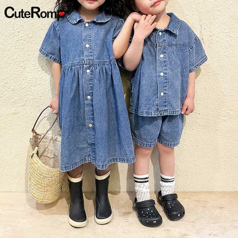 Brother sisters Looks Denim Blue Summer Boys Clothing Set Girls Dress Korean Style Family Matching Clothing Girls Clothing S2548