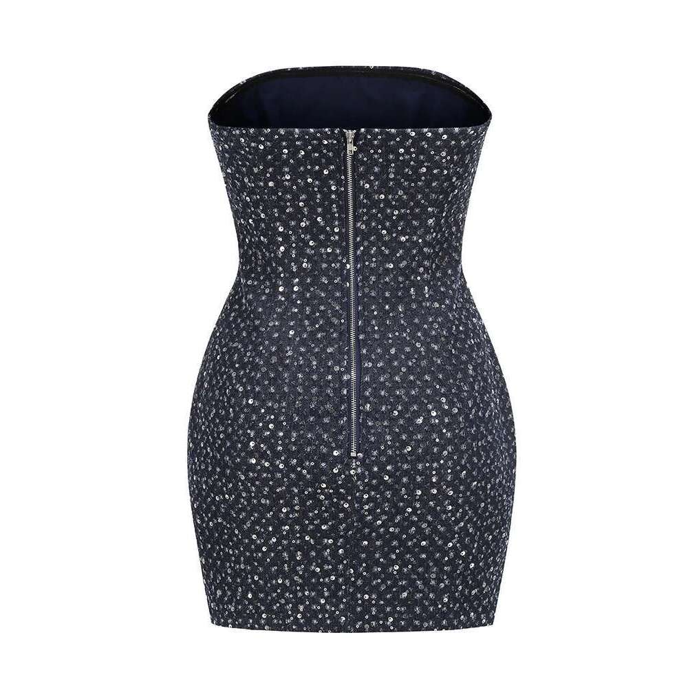 Sexy Strapless Denim Sequins Patchwork Mini Dress Women Blue Sleeveless High Waist Bodycon Dresses Nightclub Party Tail
