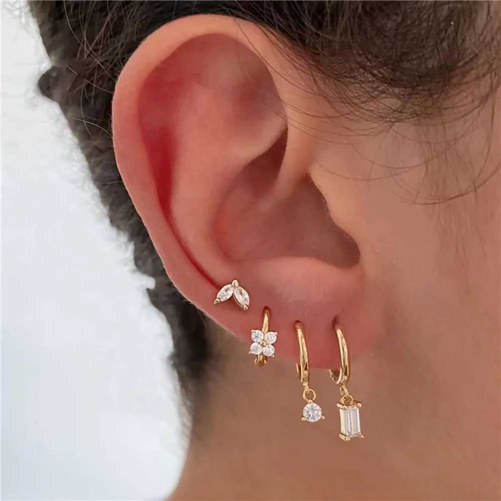 4PCS Flower Square Earrings Set for Women Girl Luxury Zircon Stainless Steel Cartilage Piercing Hoop Earring Statement Jewelry Z250408