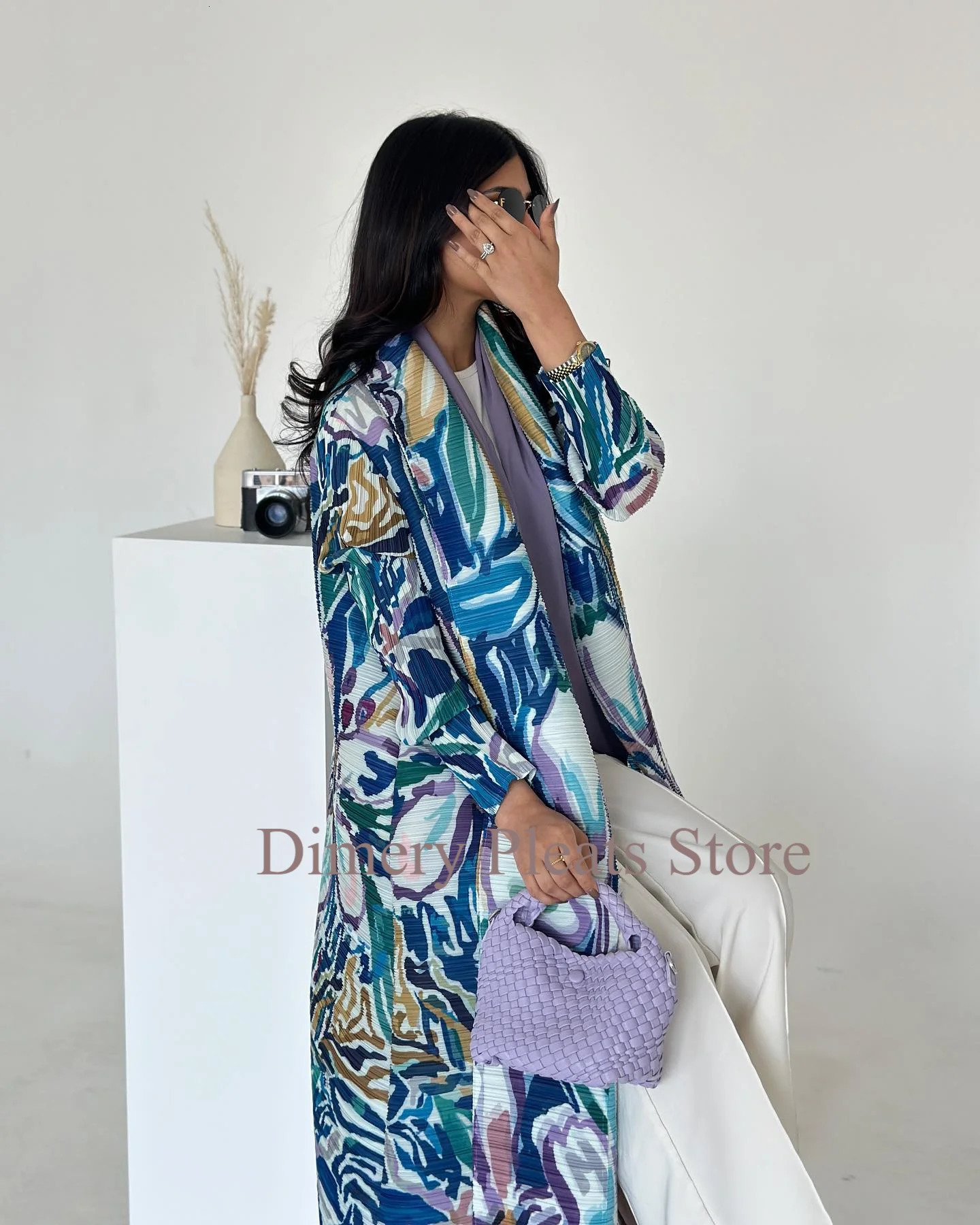 Miyake Fold Retro Printed Collar Long Jacket Female ner Abaya Dubai Fashion Plus Large Coat 250409