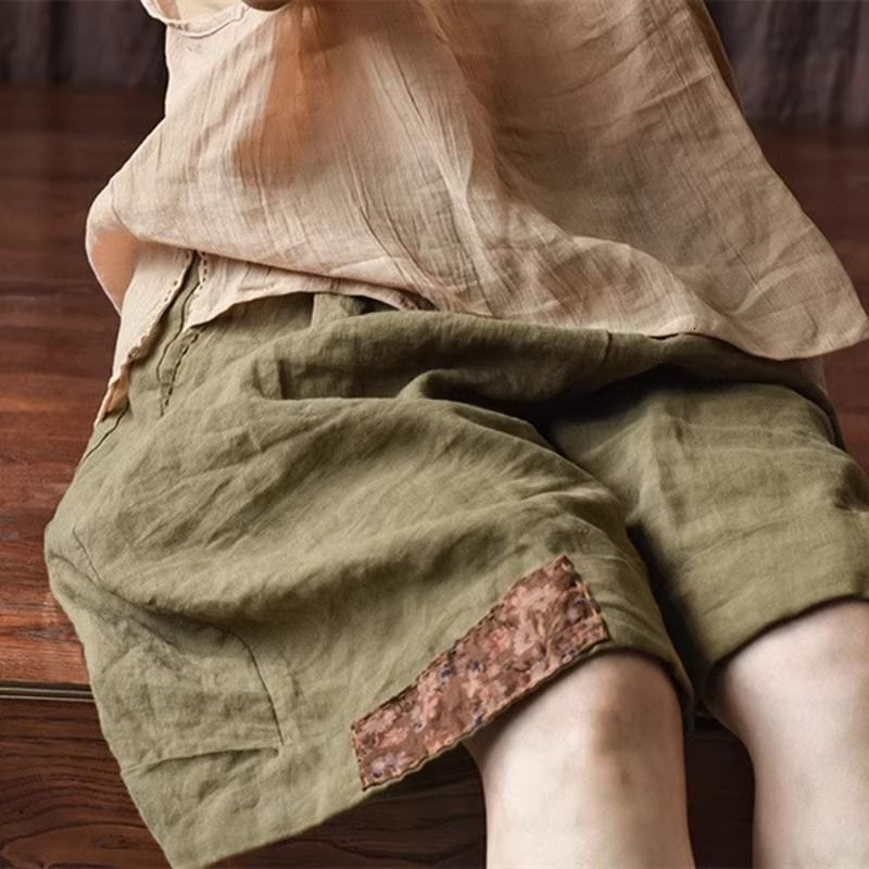 2025S Women s Designer Shorts Art Splicing Cotton And Hemp Casual Hot Pants Solid Color High Waist Loose Fit Wide Leg Sports Pentagram Pants Beach Pan