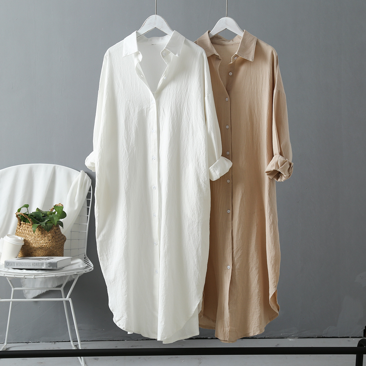 Cotton Linen Dresses White Shirt Dress Summer Women Outerwear Loose Mid-length Shirtdress