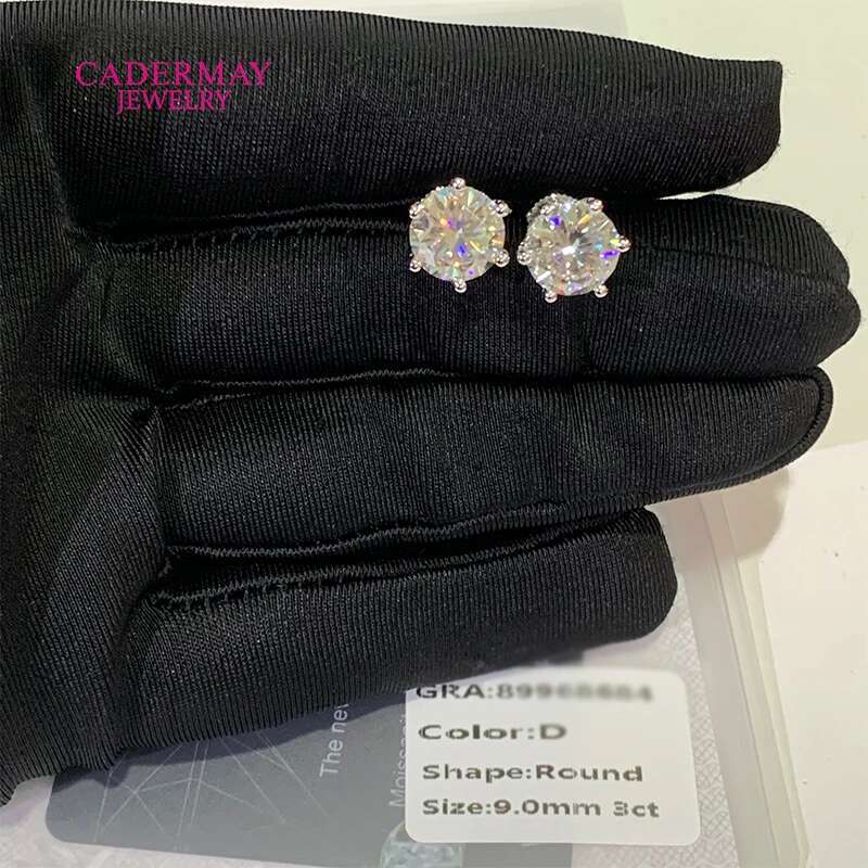 Cadermay Jewelry Iced Out 6 prongs 9mm 3ct D VVS1 Moissanite Stud Earrings 925 Sterling Sliver Earrings For Women Men Gift