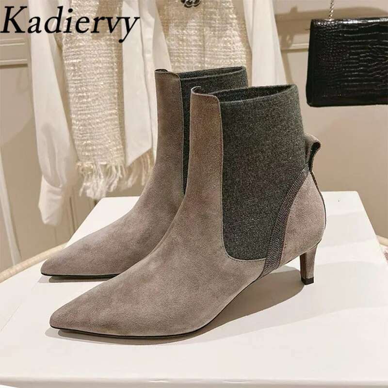 Sexy Kitten Ankle Cow Suede Pointed Toe Runway Shoes For Women String Bead High Heels Short Boots Woman