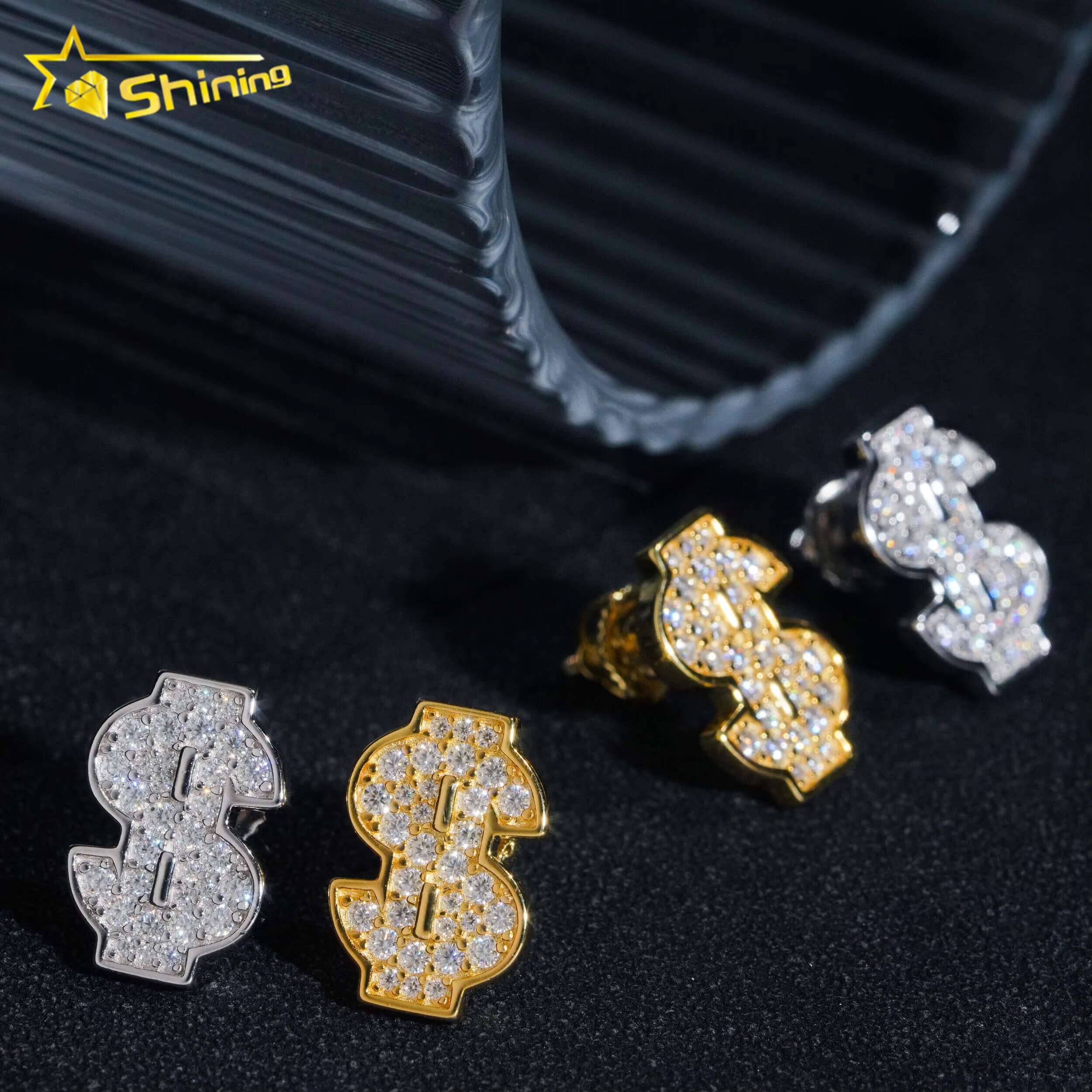 Diamond Tester Certified RTS Hip Hop Jewelry 925 Silver Gold Plated VVS Diamond Moissanite Stud Earrings Dollar Sign