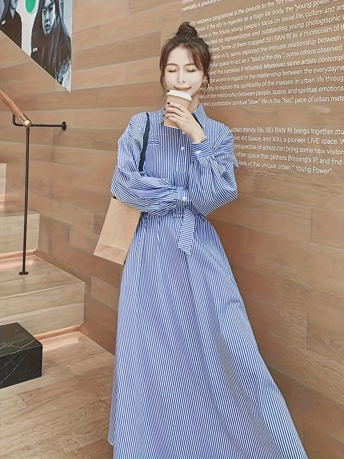 in ! Womens blue white striped shirt dress suitable for spring and autumn Weight loss with waist wrinkles high end long 250409