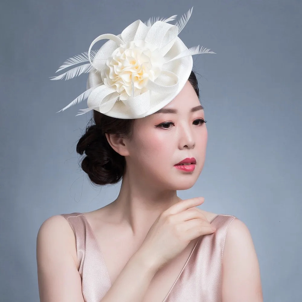 Women Chic Fascinator Hat Cocktail Wedding Party Church Headpiece kentucky Headwear Feather Hair Accessories Sinamay Fascinators 250409